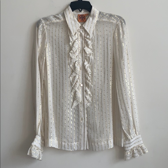 Tory Burch Stella Ruffle Stripe Silk Lame Blouse - Picture 6 of 11